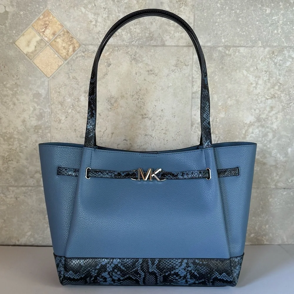 Michael Kors Blue Leather Tote with Snake-Print Accents - Picture 2 of 15